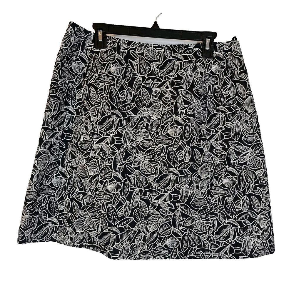 Talbots Vintage A-Line Embroidered Skirt Leaves Black White Cotton 16‎ Petite